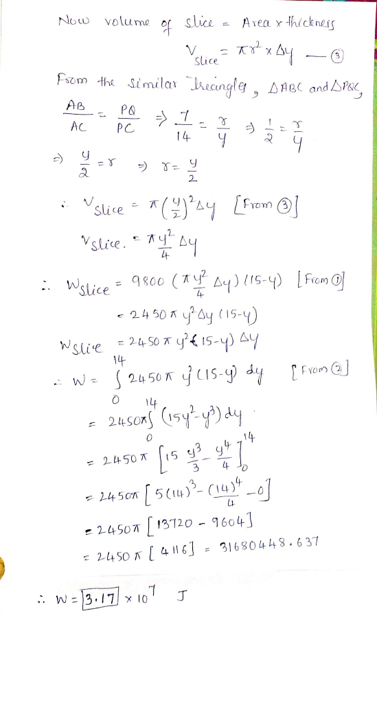 Now volume of slice Area x thickness V slice Arxay From the similar kecingles, o MBC and Drac, => 1 AB AC PO PC 7 14 4 9 y -Y
