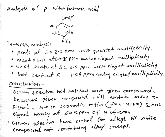 Avalvix of p- nite benroic acid a. NO2 4-NMR andlyns peat at S g.3 prm with zuartet mulipliciy. Next peak ats-r-2s ppm having
