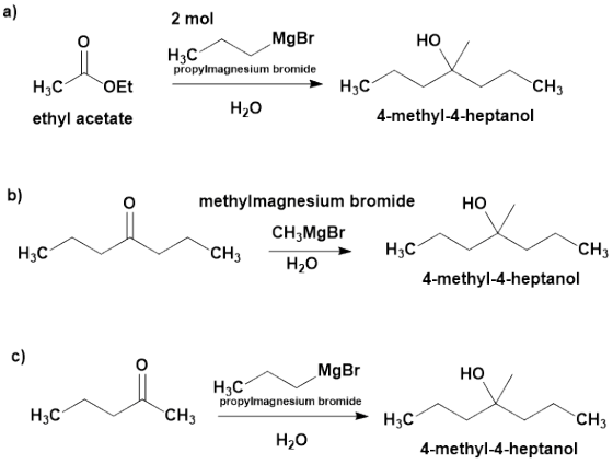 a) 2 mol HO propylmagnesium bromide CH3 H20 4-methyl-4-heptanol ethyl acetate methylmagnesium bromide CH3MgBr H2O b) HO H3C C