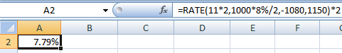fi RATE(11 2,1000*8%/2,-1080,1150) *2 A2. A C E F 7.79% 2