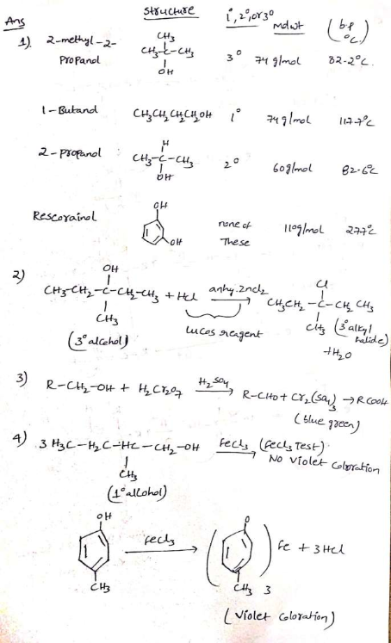он CH, C-CH oH 아f Rescorainol These он cl anhy 2ndh Cus uces naagent balide 섣alchol fec, fects Test) 少 L allohol)