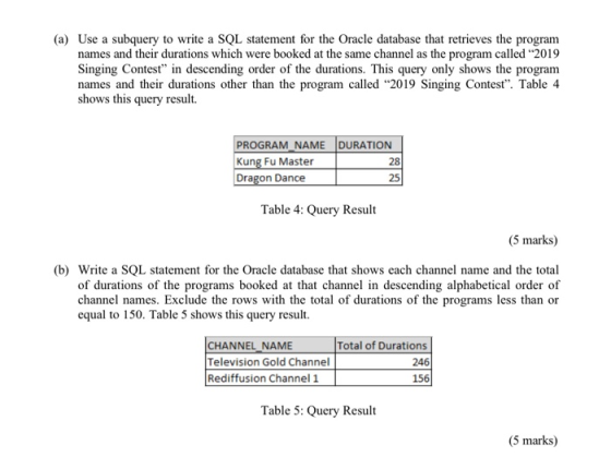 (a) Use a subquery to write a SQL statement for the Oracle database that retrieves the program names and their durations whic