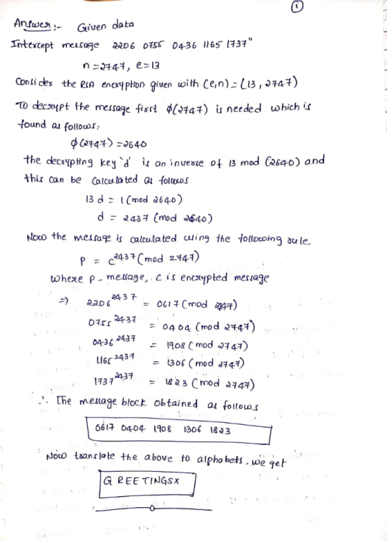 0 JOe- Giuen data Intescept ma2D DiSs 0436 65 137 anii ce the RSA encryption giuen toith Ce, n): L13 , J14チ) Todc xyPtfhe mes