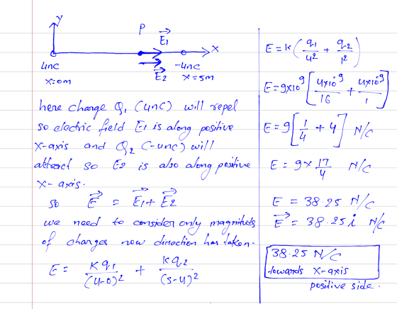 P -> Ei ox E = ( 9 + 9.2 42 unc 12 19 -unc E2 x=5m Xom guxio 9 uxlog E=9x10 t 1 G :9 Lt + 4 N/ 47 attract so €2 is also Ne he