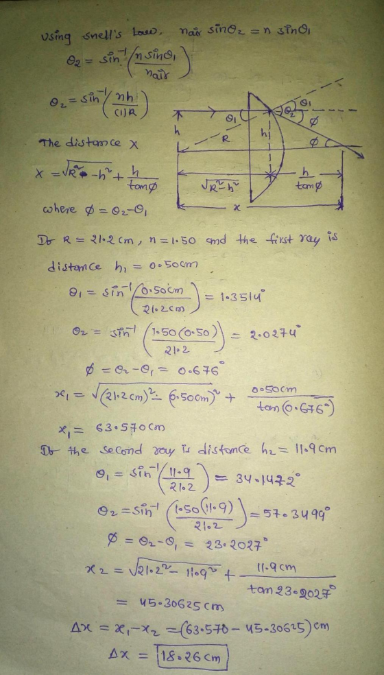 using snells Love, nair sino2 =n sind, a = sint ensino, hair 02=sin(CIJA) The distance & 2 -hth tomo tomo k x 0-50 cm x =VR