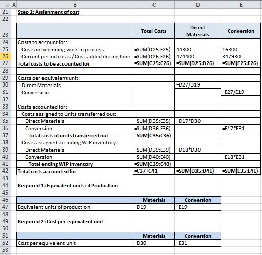 A C E Step 2:Assignment of cost 21 22 Direct Total Costs Conversion 23 Materials 24 Costs to account for: -SUM(D25:E25) 44300