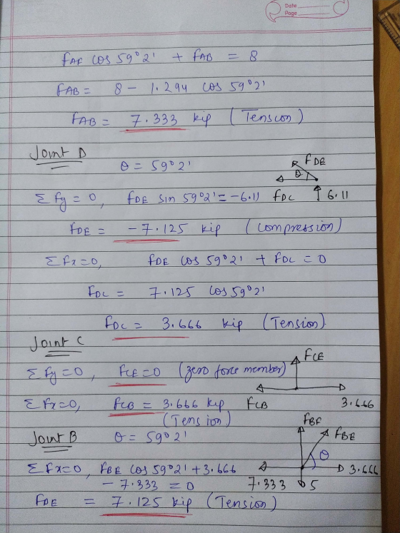 Date Page far cos 59021 + FAB 8 FAB = 8- 1.294 cos 5902 FAB = 7.333 kip Tension) Joint D FDE 0 - 5902 R A I fg = 0 FDE Sim 5