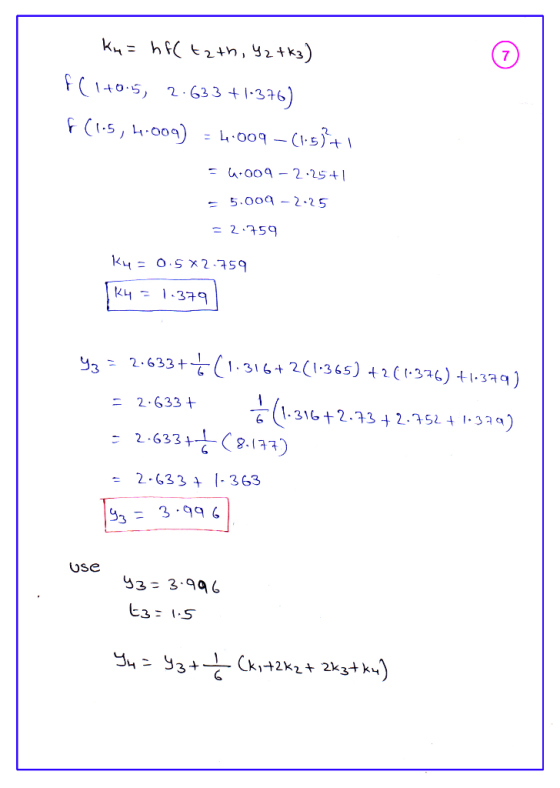 Ku= hff tath, Y2 tk3) f(1+0.5, 2.633 +1.376) F (1.5, 4.009) = 4.009 -(1.53ti = 6:009 -2.25+1 - 5.009-2.25 = 2.759 K4 = 0.5X2.