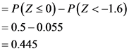 P(Z 0)-P(Z<-1.6)
= 0.5-0.055
0.445
