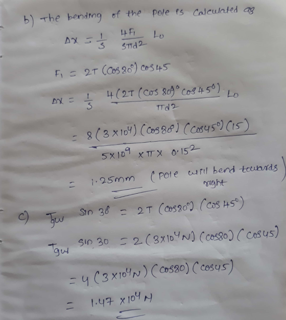 b) The bendtng of the pole rs Calcuinted g S STd2 Lo SX109 Хту 0,152- sight