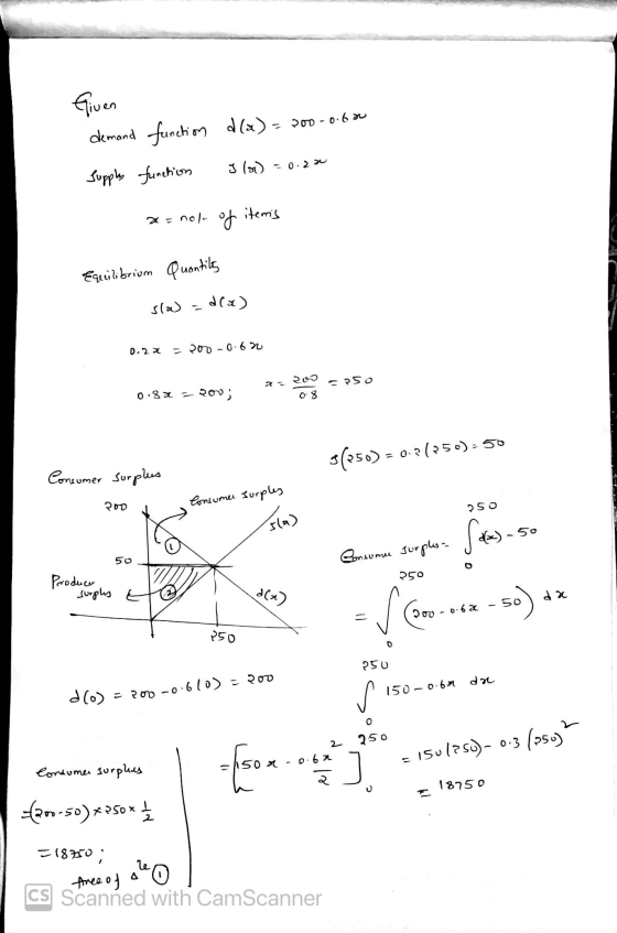 Given demand function d (x) = 200-0.60 Supply function (2) = 0.22 x=nol of items Equilibrium Quantity slas = dla) 0.22 = 200