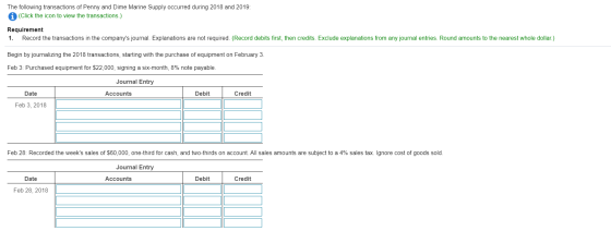 The following transactions of Penny and Dime Marine Supply occurred during 2018 and 2019: (Click the icon to view the transac