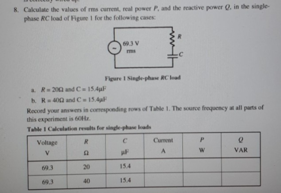 8. Calculate the values of rms current, real power P, and the reactive power Q, in the single- phase RC load of Figure 1 for