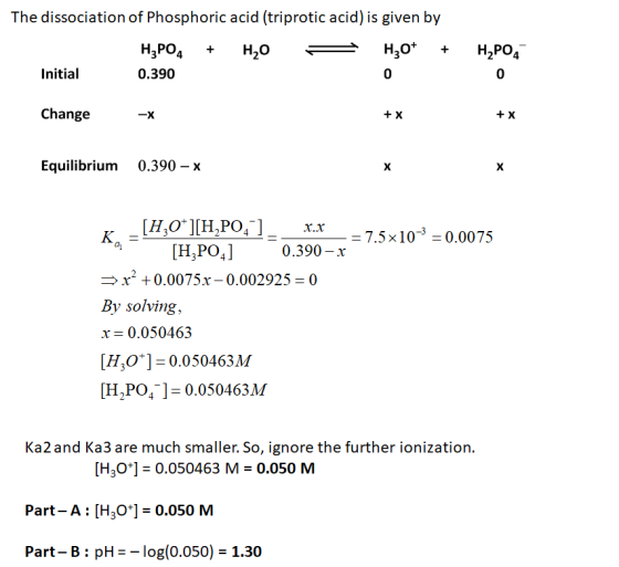 The dissociation of Phosphoric acid (triprotic acid) is given by H2PO4 + H2O - H0+ + Initial 0.390 H2PO4 Change -X + X + x Eq
