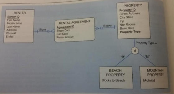 PROPERTY Property ID Street Address City State Zip RENTER Renter ID First Name Middle Initial Last Name Address Phone# E Mail RENTAL AGREEMENT Agreement ID End Date Rental Amount Nbr Rooms BooksBase Rate Property Type Property Type = M BEACH PROPERTY MOUNTAIN PROPERTY Blocks to Beach (Activity)