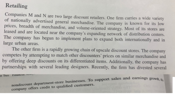 Retailing Companies M and N are two large discount retailers. One firm carries a wide variety for its low readth of merchandise, and volume-oriented strategy. Most of its stores are of nationally advertised general merchandise. The company is known leased and are located near the companys expanding network of distribution centers The company has begun to implement plans to expand both internationally and in large urban areas. The other firm is a rapidly growing chain of upscale discount stores. The company competes by attempting to match other discounters prices on similar merchandise and by offering deep discounts on its differentiated items. Additionally, the company has partnerships with several leading designers. Recently, the firm has divested several rt Two Financia ondiscount department-store businesses. To support sales and earnings gr company offers credit to qualified customers.