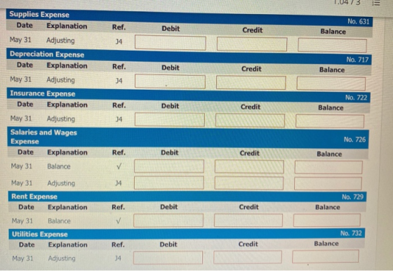 Ref. Debit No. 631 Balance Credit 14 Ref. Debit No. 717 Balance Credit 14 Ref. Debit No. 722 Balance Credit 14 Supplies Expen
