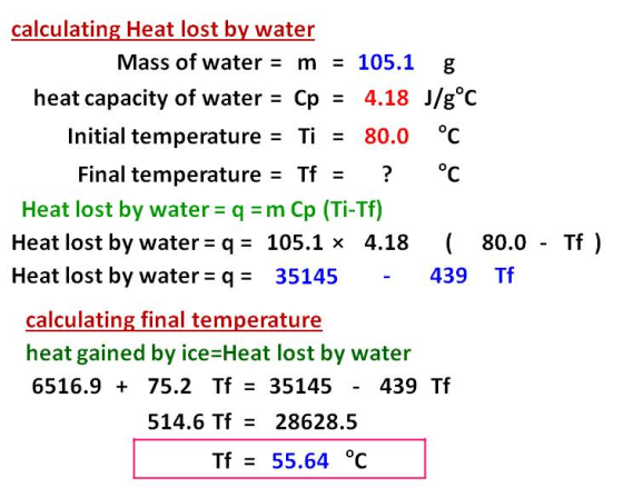 calculating Heat lost by water Mass of water m 105.1 heat capacity of water 4.18 J/g°C Cp = °C Initial temperature =Ti 80.0 °