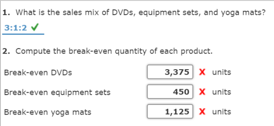 1. What is the sales mix of DVDs, equipment sets, and yoga mats? 3:1:2 2. Compute the break-even quantity of each product. Br