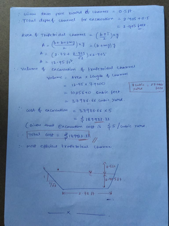 .S Total deptnr cnannel fer ex cavation 2 10S t o = 2.9°steer U3 :. Volume excaNetion tio tyaferoidol Cnannel 12-95x.チ920 fee