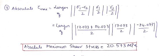 ② Absoulute Tmax = larger q *5*112/19/13 1/17,073 = Larges -24,073 17-073 + 24.073 f 2 2 Absolute Maximum Shear stress a 20.5