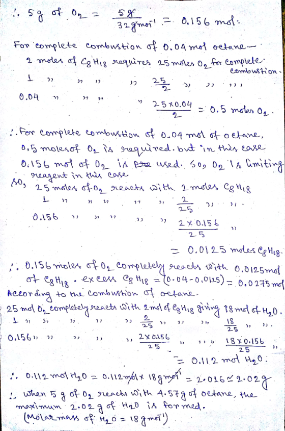 0.156 mat 328me For complete combwstion f 0.04 mot cetane 2 moles af Eg Hig aquires 25 moes O for eomplete eomowton - 0.04 25