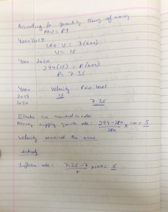 theory of money quantity According to mu=PY Year 2019 I 280 v= 7(600) V- 15 Year 2020 294(15) - P (60o). P- 7.35 Yoan Velocit