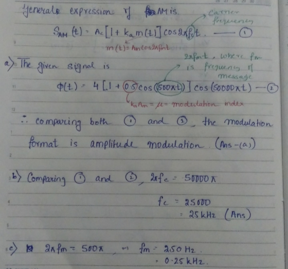 generale expression y Alee Am is Carrier frequency SAM (L) - Ac[1+ kam (ti cosan fut. m(t)= Am cos gint anfmt, where for a).