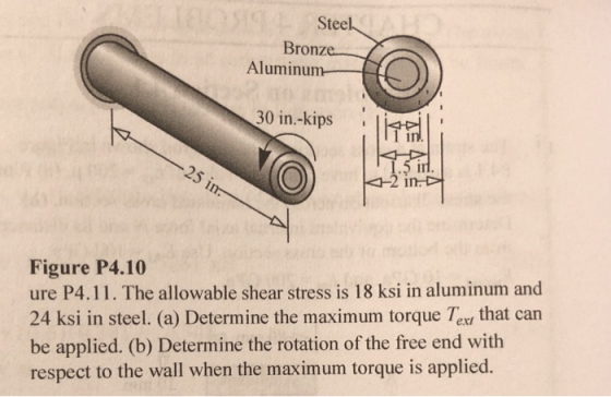 Steel Bronze Aluminum 30 in.-kips -25 in. K -2 in. Figure P4.10 ure P4.11. The allowable shear stress is 18 ksi in aluminum a