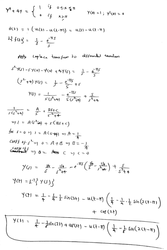 Y + 4y = if OS* 911 Y(0) El; y col = 0 0 7 X>7 +(+) - I(u() - u (t-Tl) = u(t) -u (7-77) f(x)} = { -TTS e s Apply Laplace tra
