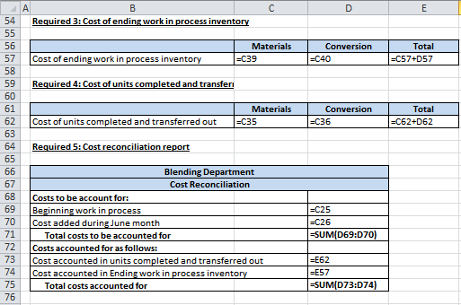 A Required 3: Cost of ending work in process inventory В Е 54 55 56 Materials Conversion Total Cost of ending work in process