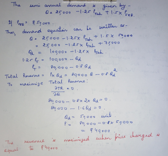 The semi annual demand is given by - O z 25,000 -1.25 Prah tlinXPER of Pro $50,000 Then demand equation can be written as - 2