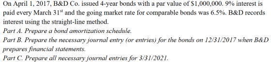 On April 1, 2017, B&D Co. issued 4-year bonds with a par value of $1,000,000. 9% interest is paid every March 31st and the go