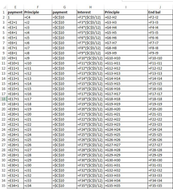 payment Principle payment Interest Principle End bal -C4 F2* ($C$5/12) G2-H2 C$10 F3*(SC$5/12) G3-H3 3 -E2+1 E3+1 E4+1 F4*(SC$5/12) -G4-H F5* ($C$5/12)G5-H5 F6* (SC$5/12) G6-H6 F7 (SC$5/12) G7-H7 F8*($C$5/12) G8-H8 F9* ($C$5/12) G9-H9 F10* (SC$5/12) G10-H10 F11*(SC$5/12) G11-H11 F12*(SC$5/12) -G12-H12 F13 (SC$5/12) G13-H13 F14*(SC$5/12) G14-H14 F15($C$5/12)-G15-H15 F16 (SC$5/12) G16-H16 F17* ($C$5/12) G17-H17 F18* (SC$5/12) G18-H18 -F19* (SCS5/12 G19-H19 F20* ($C$5/12) -G20-H20 F21* ($C$5/12) G21-H21 F22* (SC$5/12) G22-H22 F23* ($C$5/12) -G23-H23 F24*(SC$5/12) G24-H24 F25*($C$5/12) G25-H25 F26*(SCS5/12) G26-H26 F27* (ŞC$5/12) -G27-H27 F28*(SC$5/12) -G28-H28 J3 SC$10 $C$10 F5-15 F6-16 -F7-17 U5 J8 10 E9+1 11E10+1 J10 121=E11+1 |=11 13 E12+1 J12 14 E13+1 J13 15-E14+1 14 16 E15+1 J15 F10-110 F11-111 F12-112 -F13-113 F 14-ו14 F15-115 F16-116 F17-117 -F18-118 F19-119 F20-120 -$C$10 -$C$10 181-E17+1 ー17 19 E18+1 J18 20 E19+1 J19 21 E20+1 J20 22 E21+1 J21 23 E22+1 J22 24 E23+1 J23 25 E24+1 J24 26 E25+1 J25 27|=E26+1 -J26 281=E27+1 |s)27 29E28+1 J28 30 -E29+1 -J29 31 =E30+1 |=130 32 E31+1 J31 33 E32+1 J32 34 E33+1 J33 35 -E34+1 J34 F22-122 -F23-123 F24-124 F25-125 F26-126 F27-127 -F28-128 F29-129 F30-130 F30*(SCS5/12) G30-H30 F32*($C$5/12) G32-H32 F33* (SC$5/12) -G33-H33 F34* (SC$5/12) -G34-H34 F35 (SC$5/12) G35-H35 F32-132 -F33-133 F34-134 F35-135