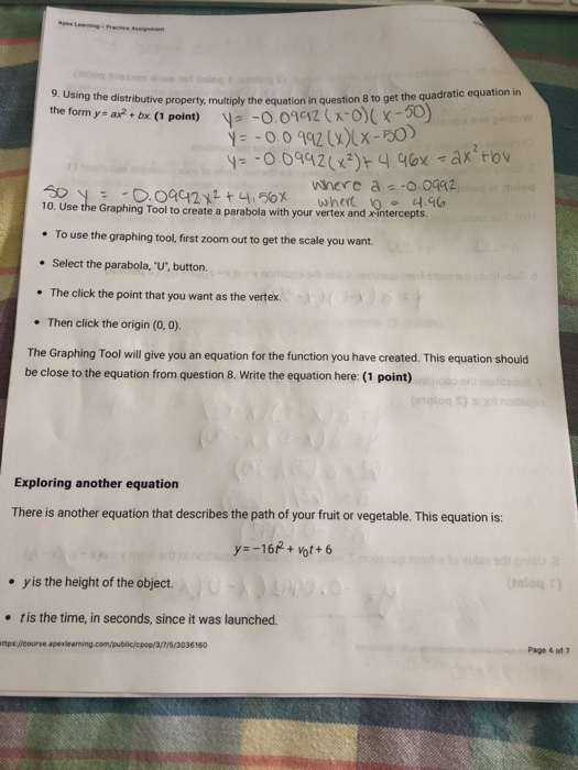 the form y-ax+bx (1 point) 9. Using the distributive property, multiply the equation in question 8 to get the quadratic equat