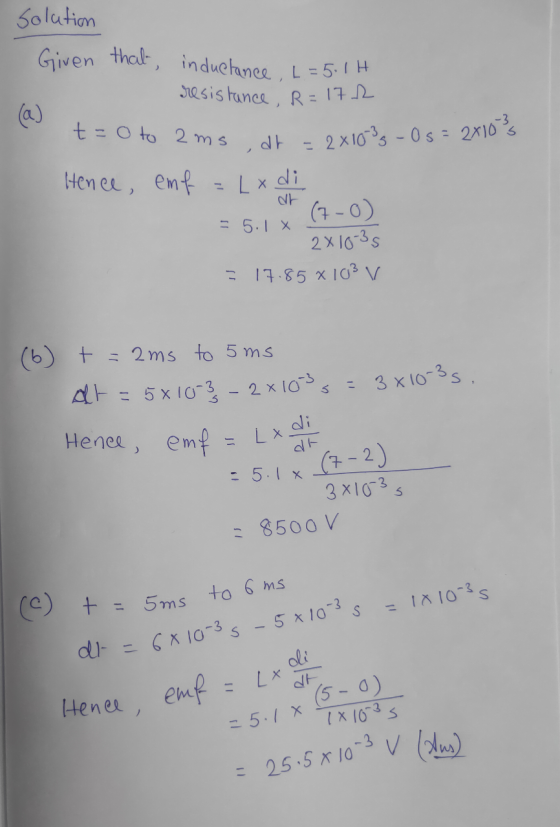 Solution Given that, inductance, L=5.1H resistance, R=172 t=0 to 2ms dr dt 28103 - 0s= 2x103 Hence, emf = lo di (4-0) = 5.18