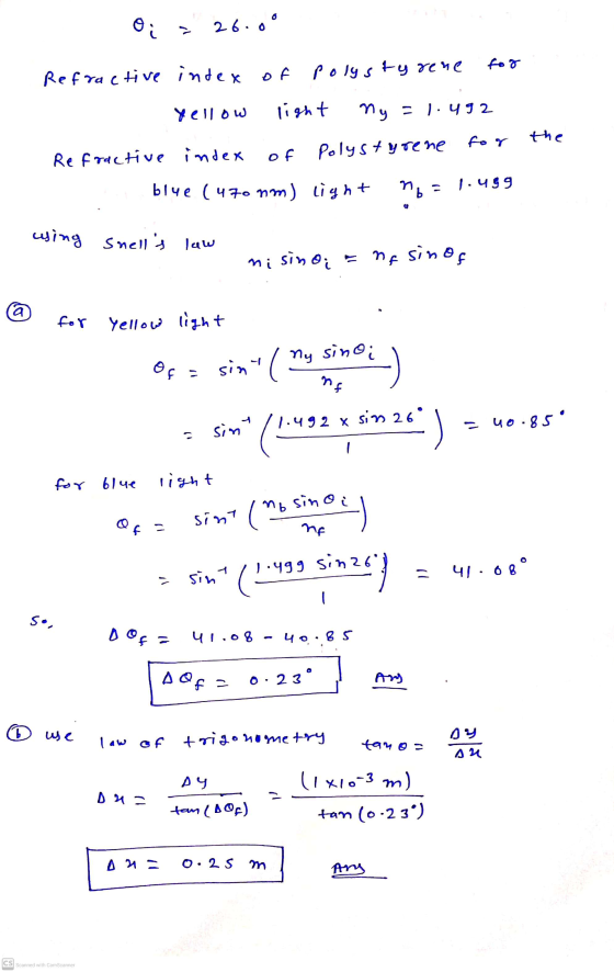 Oi 7 26.00 for Refractive index of polystyrene Yellow light My = 1.492 the Refractive index of Polystyrene b14e ( 470 nm) lig
