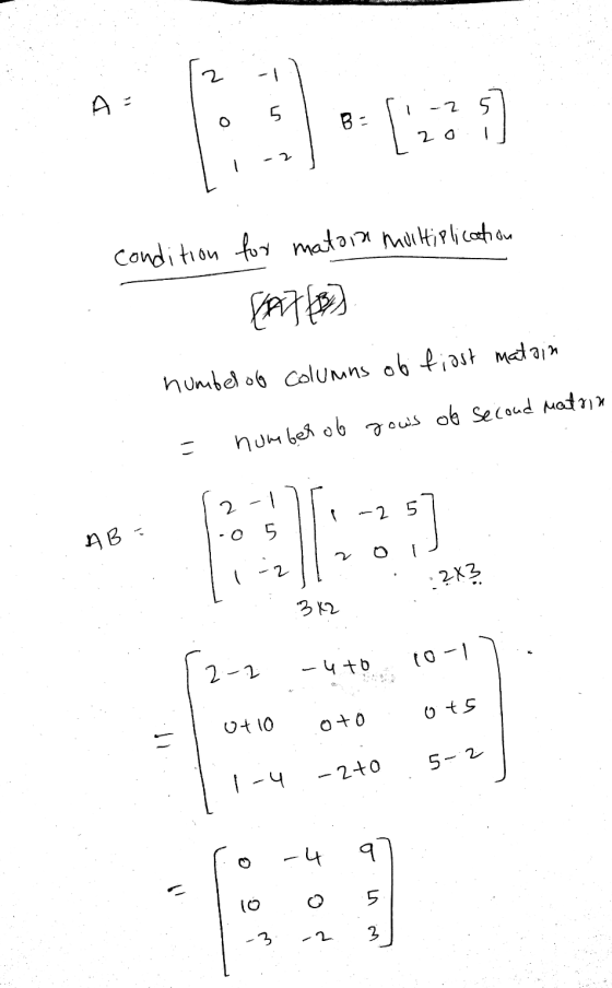 5 5 B- 2 o condition for mato in multiplication number of Columns of fiast matrin rows of second matria = number of 2 ~2 AB 5