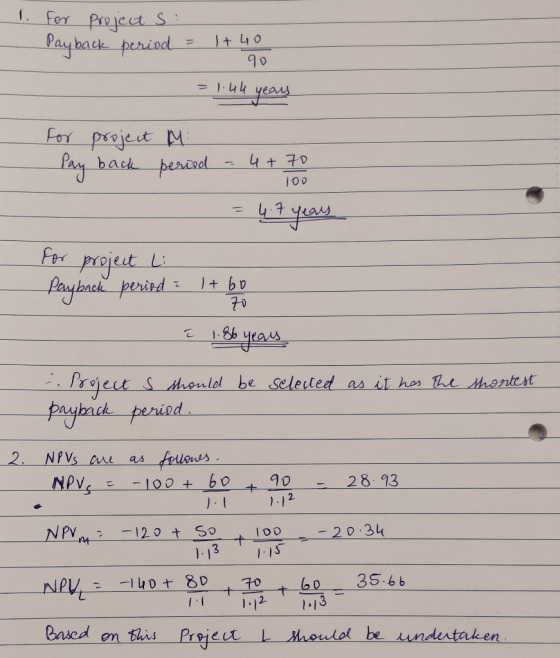 1. For Projcct S Payhack perind J+ 40 90 44 yeas For projeut M Fay back penined 4+ 70 100 1 For projest Paykach perird-1+ bD