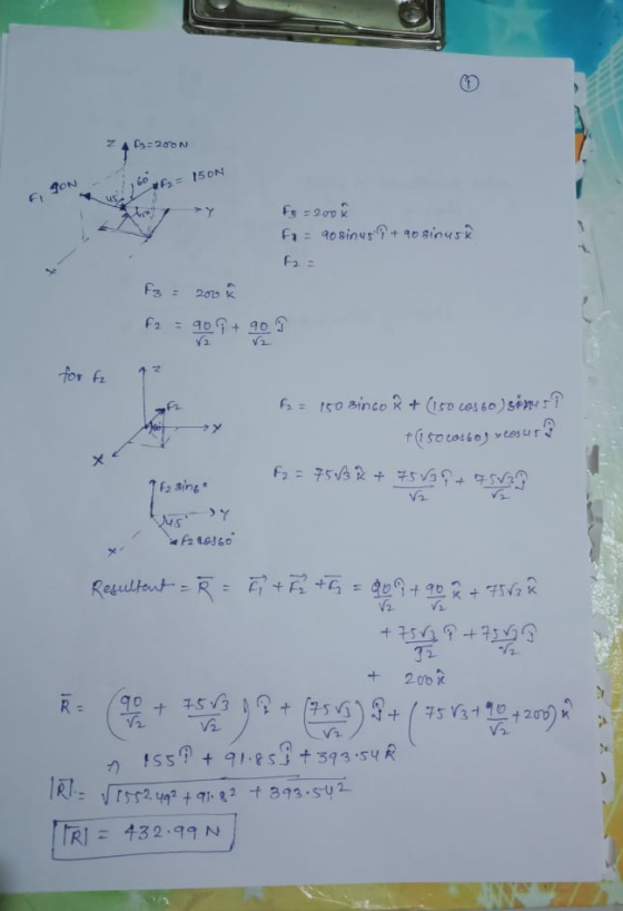 24:200N GON - 150N fo=200 fo= 90 sinus?+ 90 sinusa F3 = 200 A for f qz f2 = 150 sino R + (150 COS 60 374 ti soloboyeurs F2 =