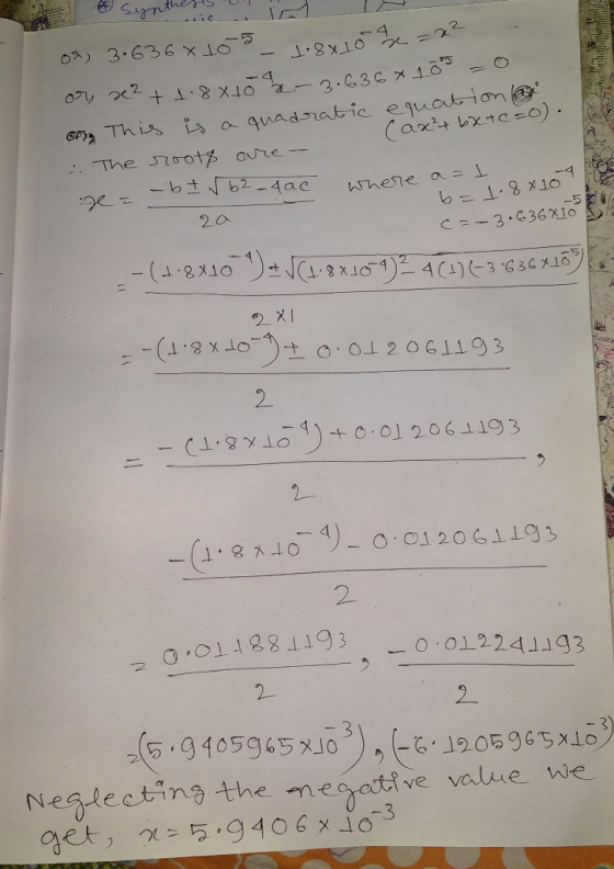 & synthests o n a 097 3.636x10-5-8X10% = 22 or re²+ 1.8840 t1.8840 - 3.6 - 2.636 x 100 =0 on This is a quadratic equation (ax