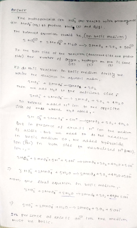 Answer 44nate H02 a) TEAC+s with rmandanre The hydio peraxide io Mno (as) to prod vce Mno (s amd 029) 10 be,(Im basic medium