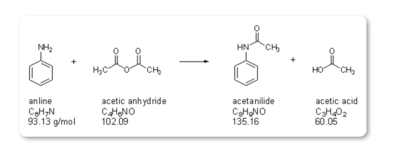 HN CH anline CBH N 93.13 g/mol acetic anhydride CHENO 102.09 acetanilide CHNO 135.16 acetic acid C3H402 60.05
