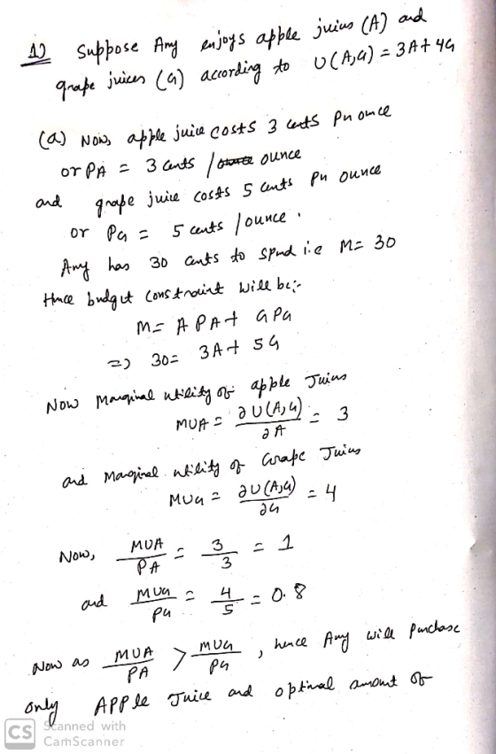 1 suppose Any enjoys apple grape juices (a) according to juius (A) and U(Aja) = 3 A7 4G (a) now, apple juice costs 3 eats pno