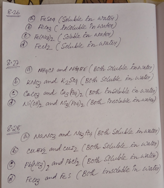 8.26 - @ Fesca (Soluble in water) 6 Fecoz ( insoluble in water) Fe(NO3)2 ( Soluble en arater) Feel ( soluble in water) © @ NH