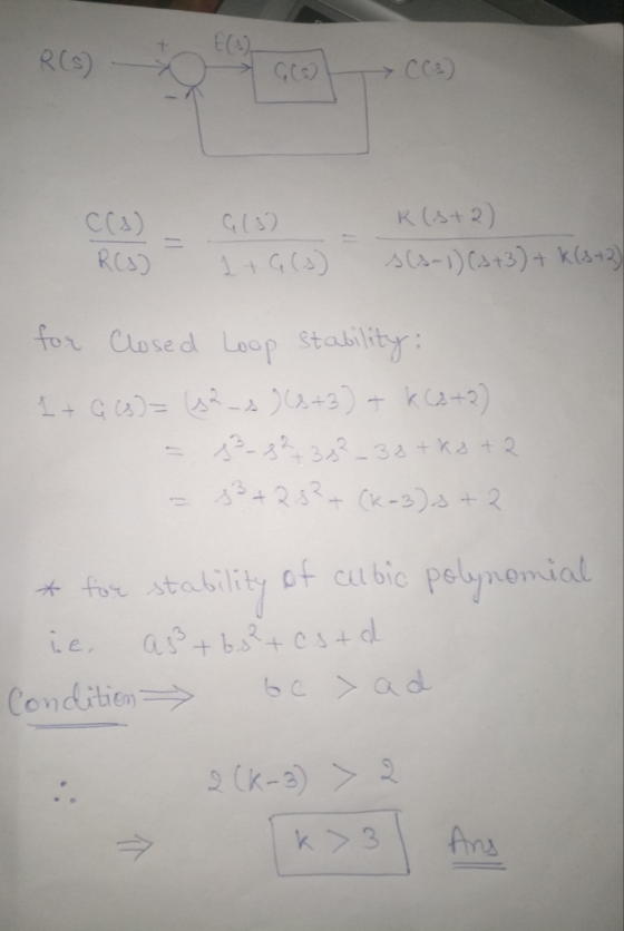 R(s) K (s+2) or Clused Lop Stalility for stability o cutbic pebmomial a d Conditien