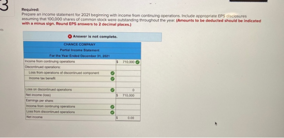 3 Required: Prepare an income statement for 2021 beginning with income from continuing operations. Include appropriate EPS di