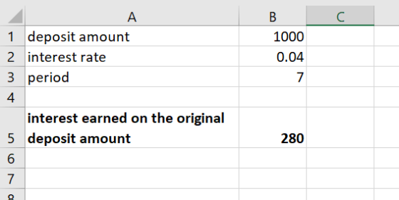 A C 1 deposit amount 1000 0.04 2 interest rate 3 period 7 4 interest earned on the original 5 deposit amount 280 6 7