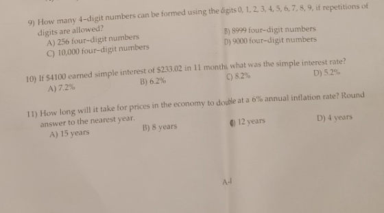 9) How many 4-digit numbers can be formed using the digits 0, 1, 2, 3, 4, 5, 6, 7, 8, 9, if repetitions of digits are allowed