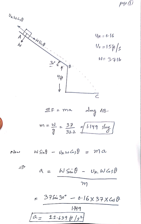 pag (1) Uk WGSO - 7. Sin V.. Up = 0.16 V. -15414 . F r WE Z ZIL . EF=ma along AB A Ef = ma m = W = 37 = 1149 sleeg / 9 32.2 +